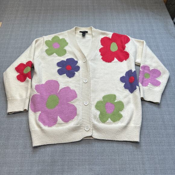 Whimsy Floral Print Cardigan Sweater Forever 21 Medium Bold Retro Flower Power‎ - Picture 1 of 7
